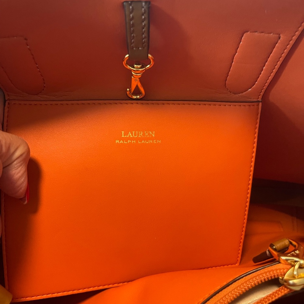 Lauren Ralph Lauren Brown Leather Satchel with orange Interior - Picture 3 of 10